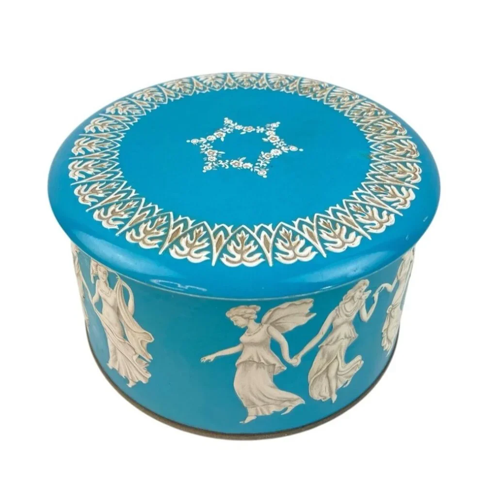 Vintage Metal Decorative Tin Container England Heavenly Angels Blue Angelic